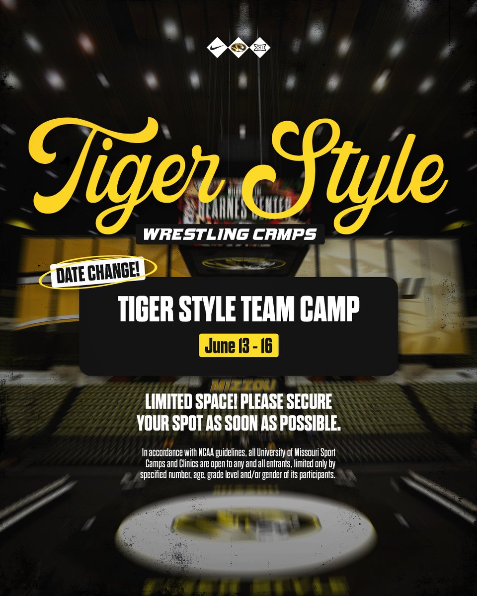 Tiger Style Camp 𝘿𝘼𝙏𝙀 𝘾𝙃𝘼𝙉𝙂𝙀 ‼️ Team Camp will now be June 13-16 🔗 bit.ly/3uvBNd5 #MIZ🐯 #TigerStyle