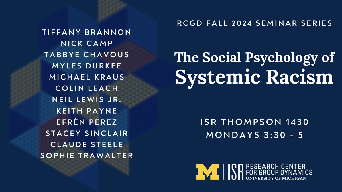 🔥The Fall 2024 @RCGD_ISR seminar series will be on the social psychology of systemic racism-- with an all-star lineup organized by @tweets_on_camp. You can fill in a quick sign up to receive talk announcements here! myumi.ch/M6k4p