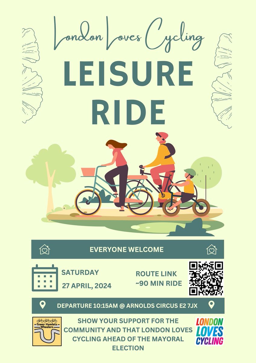 Join us for a lovely ride through Tower Hamlets on Saturday 27 April🚲 

Check out the poster for all the need to know details!  To see the route - cycle.travel/map/journey/55…… 

#LondonLoveCycling #LondonElections #LondonMayor