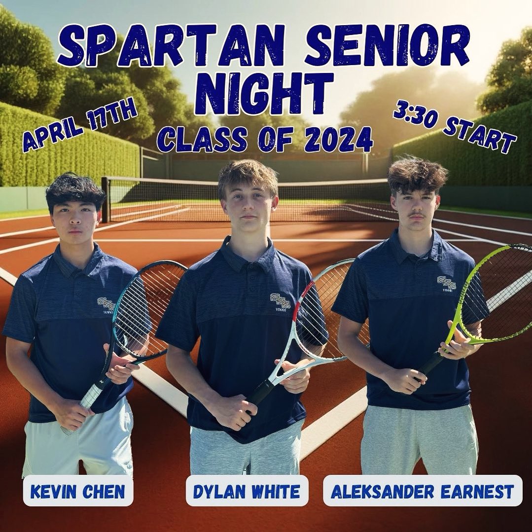 Spartan fans! Come out to support our Senior Players on the Men's Tennis team today, 4/17! Let's make some noise for Dylan White, Kevin Chen, and Aleksander Earnest as they take the court for their final home match. 

🆚 East Wake High
🕞 Match starts at 3:30 PM
📍 Home courts