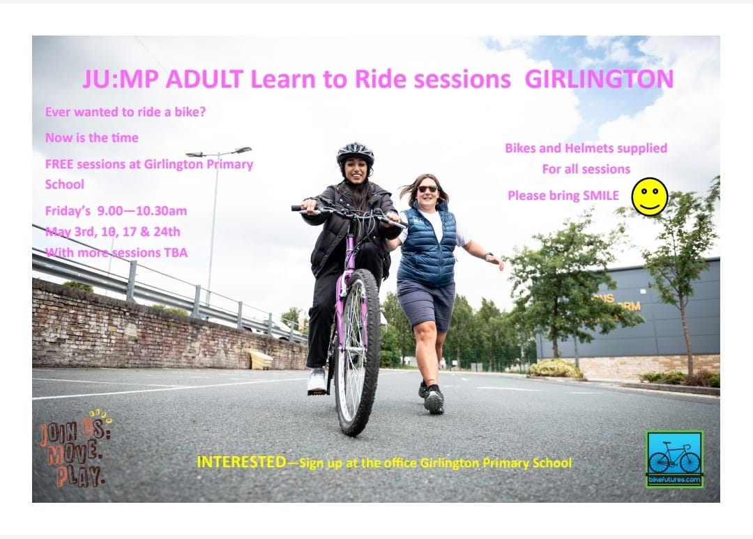 Assalamualaikum 

LEARN TO RIDE A BIKE

Free sessions taking place for adult residents of Girlington. Sign up at the Girlington Primary School office