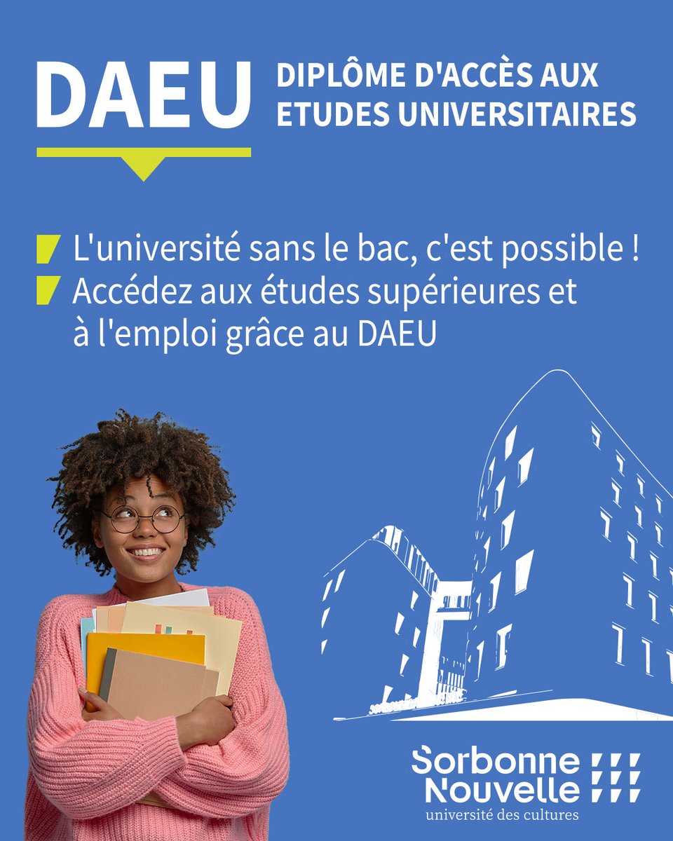 Sorbonne_Nvelle's tweet photo. 🎓Accédez aux études supérieures et à l'emploi grâce au #DAEU !  
📆 Inscriptions aux tests via ecandidat jusqu'au 27 mai 2024 !
👉 https://t.co/i0QIsC11ya
Planning des tests : 
➡️ 3, 17 et 31 mai - 16h-18h
➡️ 14 et 21 juin - 16h-18h
+ d'infos 👉 https://t.co/53Z7x1Uv8n 
#USN https://t.co/VRaHXKTV8g