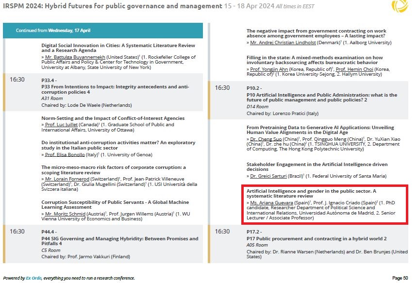 💭Interested in the relationship #AI/#gender in the #publicsector?
🗣️@ArianaGuevaraG and @jicriado shares at @IRSPM the results of a SLR on the topic
👉P10.5 Artificial Intelligence and Public Administration: What is the future of public management and public policies?
#IRSPM2024