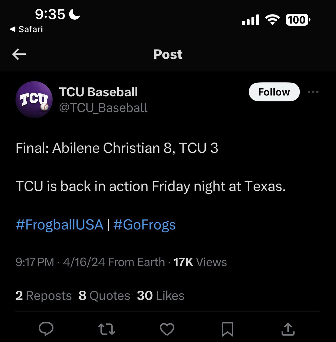 It’d be a real shame if TCU fans were laughing at Baylor about ACU 🤔