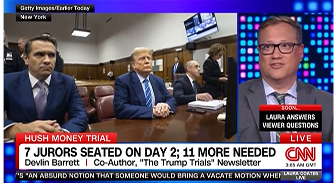 Great to see @DevlinBarrett on CNN's Laura Coates Live to discuss the latest on Trump's New York trial👏