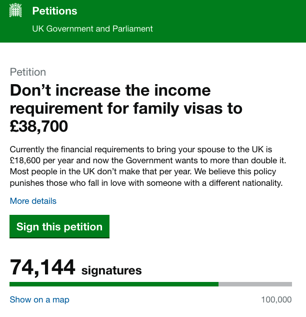 We have less than 2 months to reach the 100k signatures needed to have a debate in Parliament to discuss the impact of an increased MIR and the way it affects us and our families. Family is a right not a privilege for the rich. Sign here and help us: petition.parliament.uk/petitions/6526…