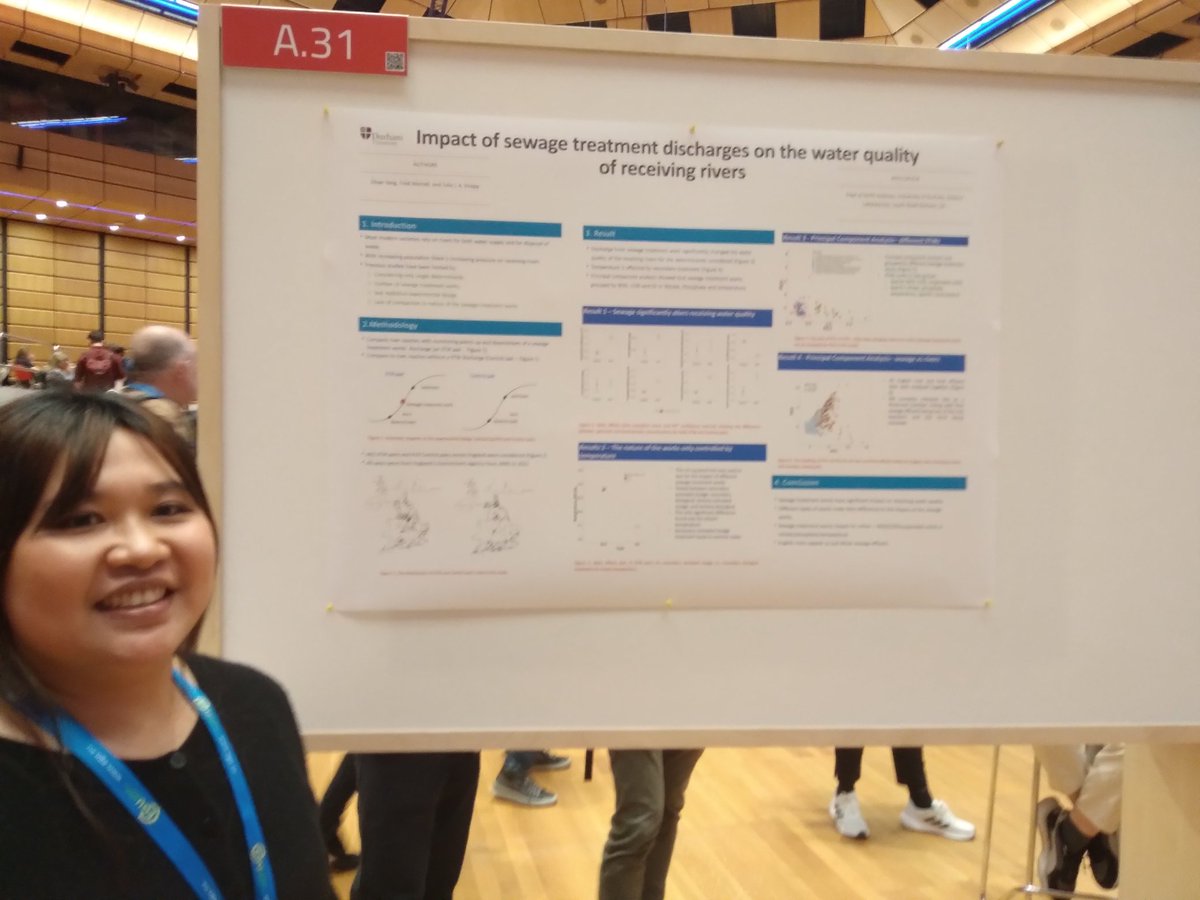 Some study a single sewage works, others might study 3 or 4 - Hanna studied 420 and then 420 control sites. Her poster explains how sewage works design relates to its impact on receiving waters. @DurUniEarthSci