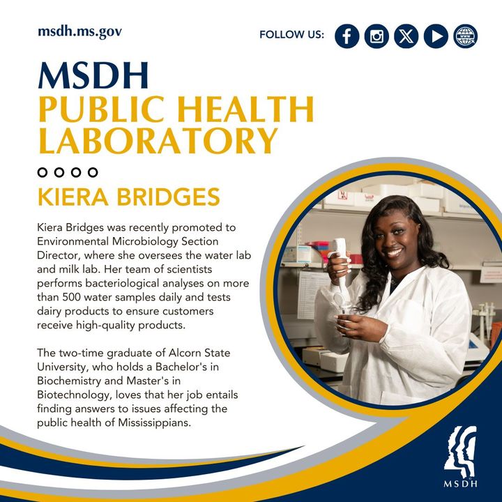 Day three of #MLPW is here, and we're thrilled to spotlight the exceptional work of Kiera Bridges. Her dedication and expertise at MSDH are invaluable. Thank you, Kiera, for your tireless efforts in ensuring the health and safety of Mississippians. #MedLabWeek #HealthyMS