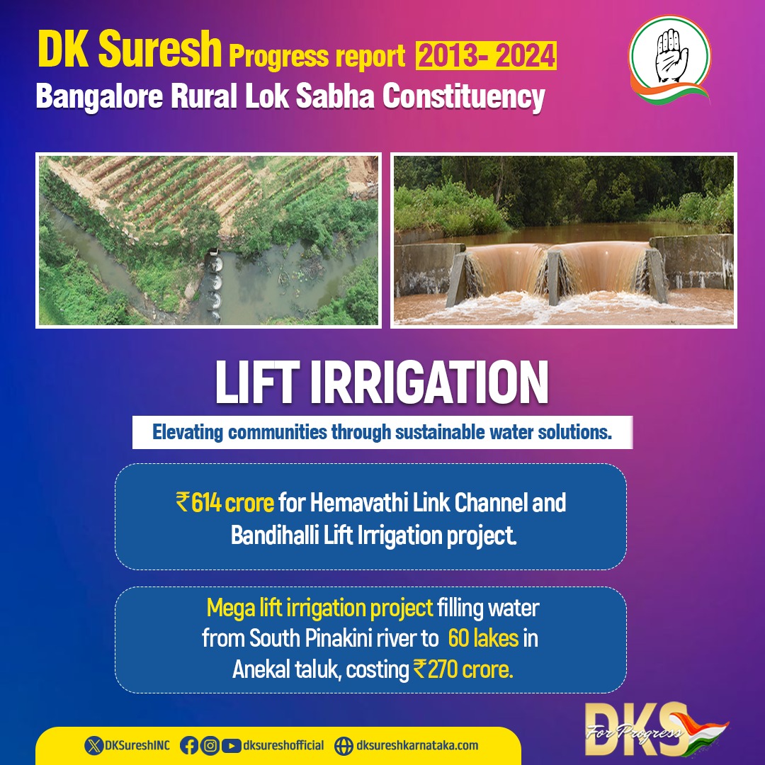 DKSureshINC's tweet photo. ಜನಪರ ಅಭಿವೃದ್ಧಿಯೇ
"ನಮ್ಮ ಗ್ಯಾರಂಟಿ"
ಬೆಂಗಳೂರು ಗ್ರಾಮಾಂತರ ಕ್ಷೇತ್ರದ ವಿವಿಧ ತಾಲ್ಲೂಕು ವ್ಯಾಪ್ತಿಯಲ್ಲಿರುವ ಕೆರೆಗಳಿಗೆ, ಅಣೆಕಟ್ಟುಗಳಿಗೆ ಏತ ನೀರಾವರಿ ಯೋಜನೆಯ ಮೂಲಕ ನೀರು ತುಂಬಿಸುವ ಕಾರ್ಯವನ್ನು ಮಾಡಲಾಗಿದೆ.
#DKSuresh #BangaloreRural #LokSabhaElections2024 #DKSForProgress #LiftIrrigation https://t.co/O1QIcf7KJu