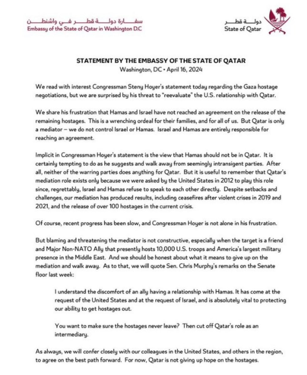 Qatari Embassy in DC : [along the lines] .. 

The Qatari mediation role exists only because America requested it
 😘 Thank you for this Qataris, I cannot express how much you played that neutral role 

'The devil made me do it argument ?'

Remember when you explicitly wanted…