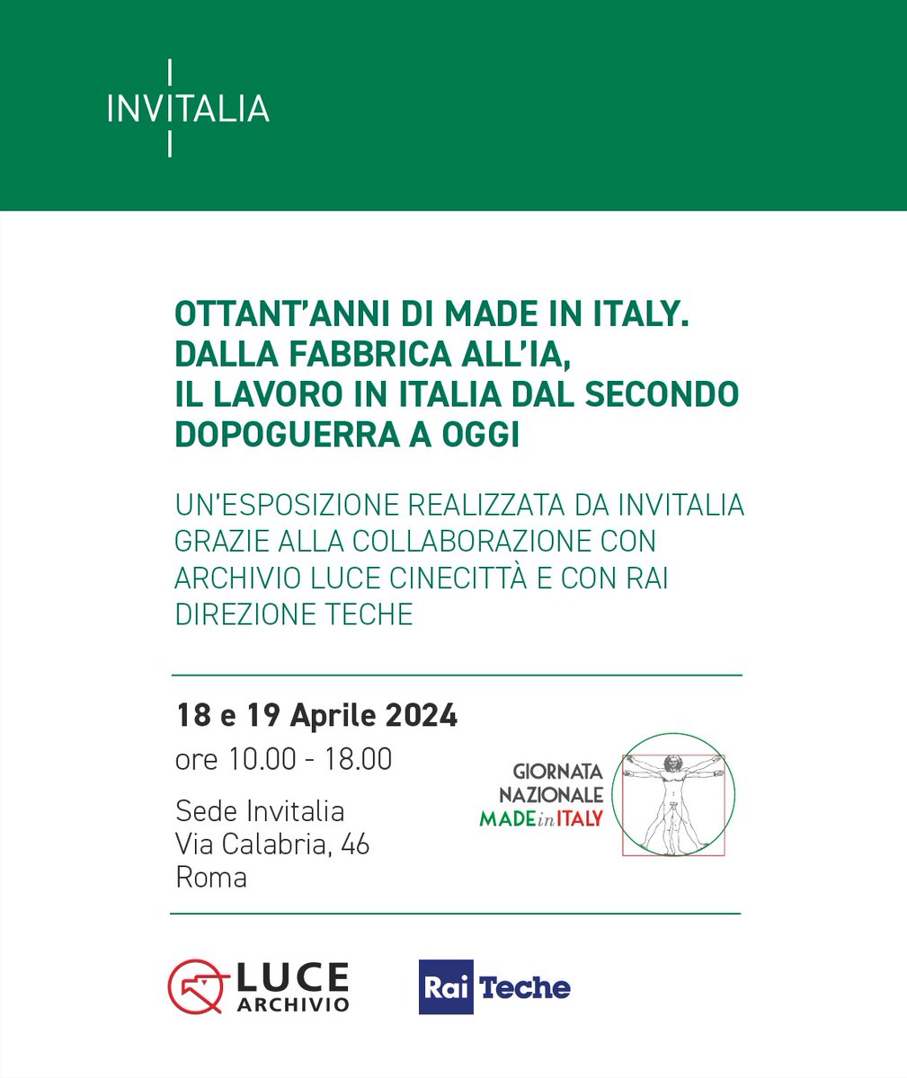 🇮🇹#GiornataNazionaleMadeInItaly2024 | Il 18 e 19 aprile gli uffici di #Invitalia aprono al pubblico. 📺Un percorso per immagini attraverso l’evoluzione dell’industria italiana, che fa emergere la nostra risorsa più grande: la forza e la creatività degli italiani. Vi aspettiamo!👇