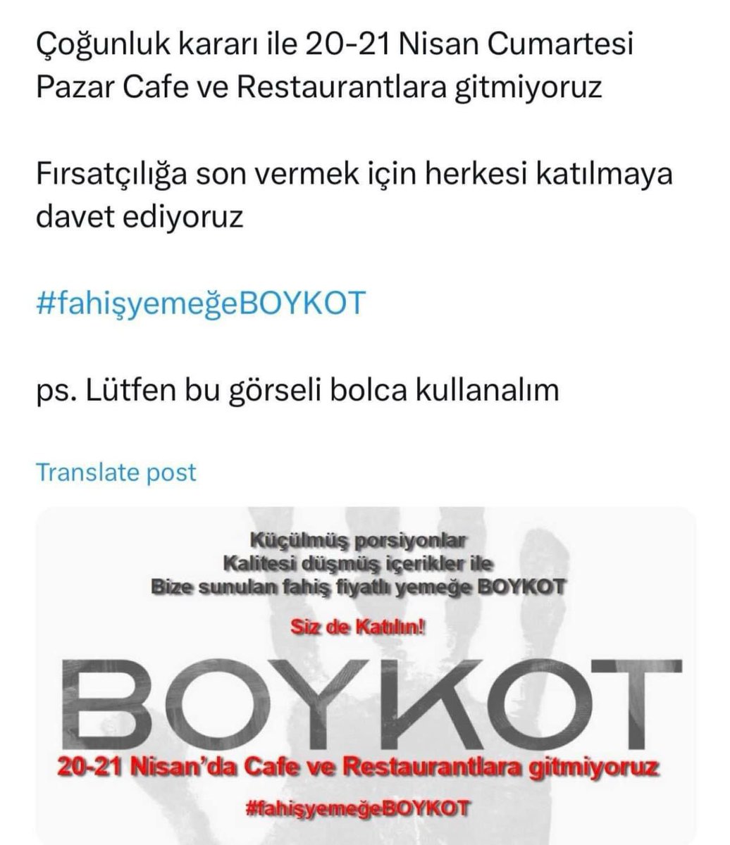 Yüksek fiyatlar nedeniyle cafe ve restoranları doğrudan sorumlu görmemekle birlikte yaşadığımız kalitesiz ve çok pahalı hayatı protesto etmek adına bu boykotu destekliyorum. #fahisyemeğeBOYKOT