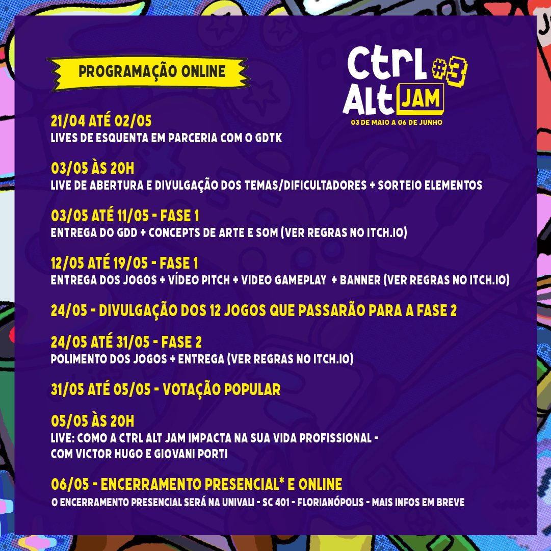 ctrlaltjam's tweet photo. Se liga na programação online!
Em breve vamos divulgar todas as lives de esquenta em parceria com o GameDev - Toolkit!
SERÃO DUAS SEMANAS DE LIVE DE ESQUENTA com convidados e conteúdos incríveis!
Inscreva-se: https://t.co/5ejEBsotue
#IndieGameDev #ctrlaltjam https://t.co/YxV6URG6YX