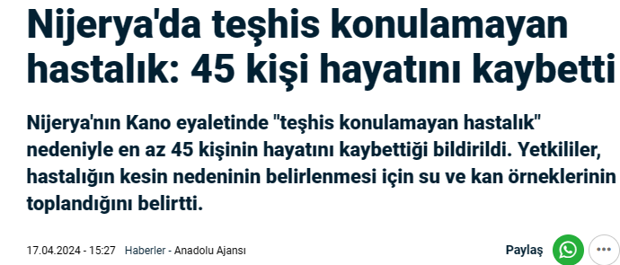 Nijerya'da teşhis konulamayan hastalık nedeniyle 45 kişi ölmüş.
Bu ölümler sakın bizim Fayzır çalışmasının ilaç grubu katılımcıları olmasın?