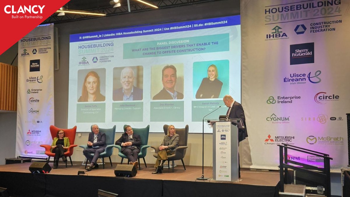 Well done to Clancy's Des Riordan who was a panel member at yesterday's #HBSummit24 in Croke Park. The panel discussed the biggest drivers that enable the change to offsite construction with some insightful discussion and interesting points made by members of the panel. #Clancy