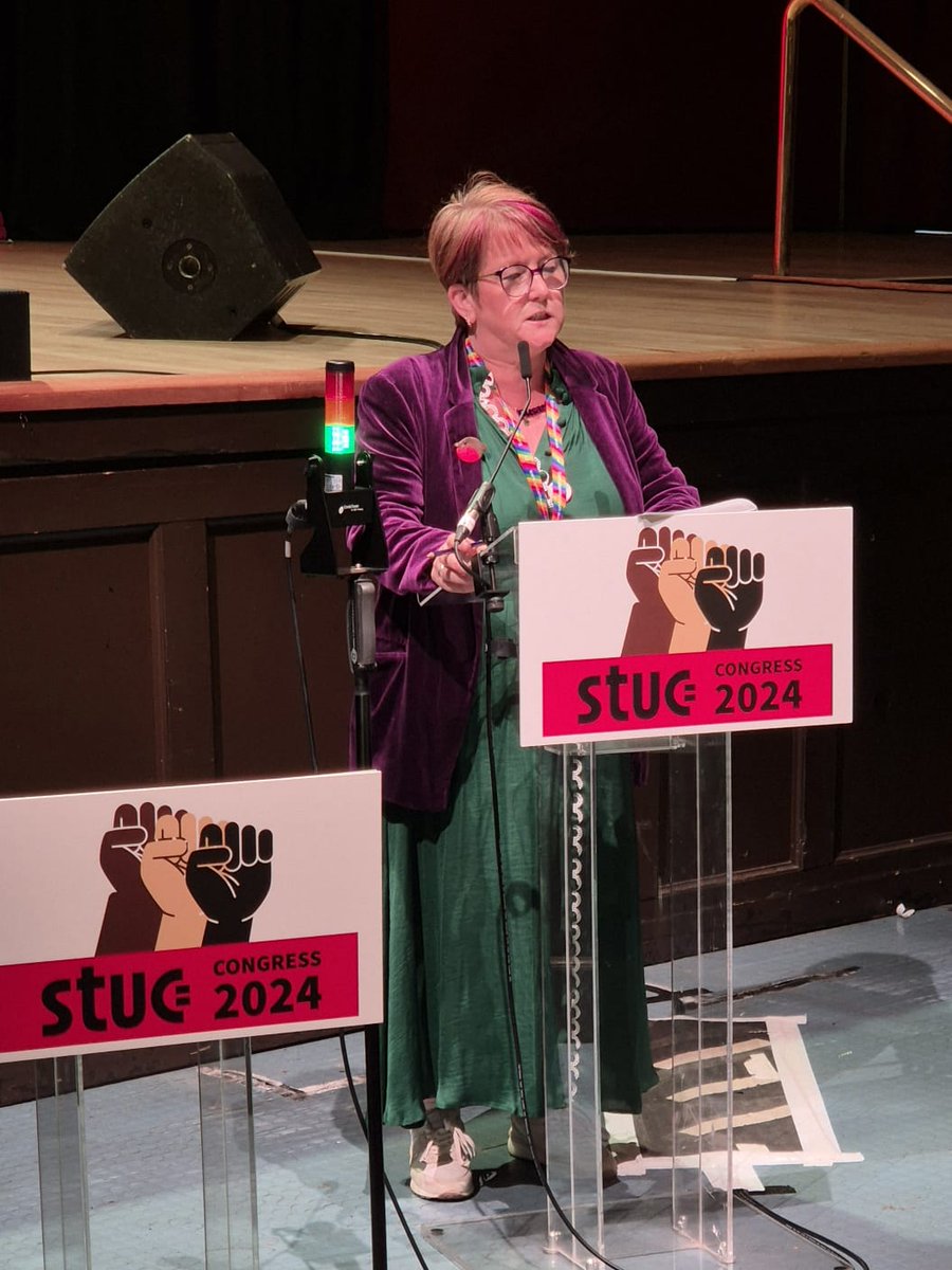 Susan Quinn moves Emergency Motion 6 at #STUC24 concerning Education Cuts in Glasgow, 'These cuts are happening on the backdrop of @scotgov having a commitment to closing the poverty related attainment gap and saying they would increase teacher numbers in Scotland by 3500.'