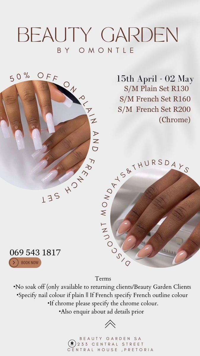 karabo_petunia's tweet photo. My Studio is running this special every Monday and Thursday . You can check out our work @beauty_gardenSA (all socials) 

Bookings are available for tomorrow.
Bookings can be done via WhatsApp On:
📲 0695431817
📍: 233 Central Street, PTA CBD
#MissXO #iPhone #GirlTalkZA #Grade12 https://t.co/j0j14y8j0r