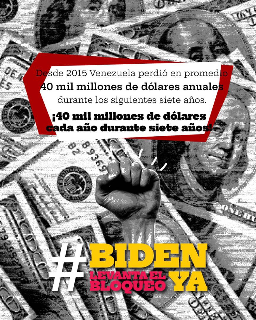 #SabíasQue|  Desde el 2015 Venezuela 🇻🇪 perdió en promedio 40 mil millones de dólares anuales.
-
#BidenLevantaElBloqueoYa