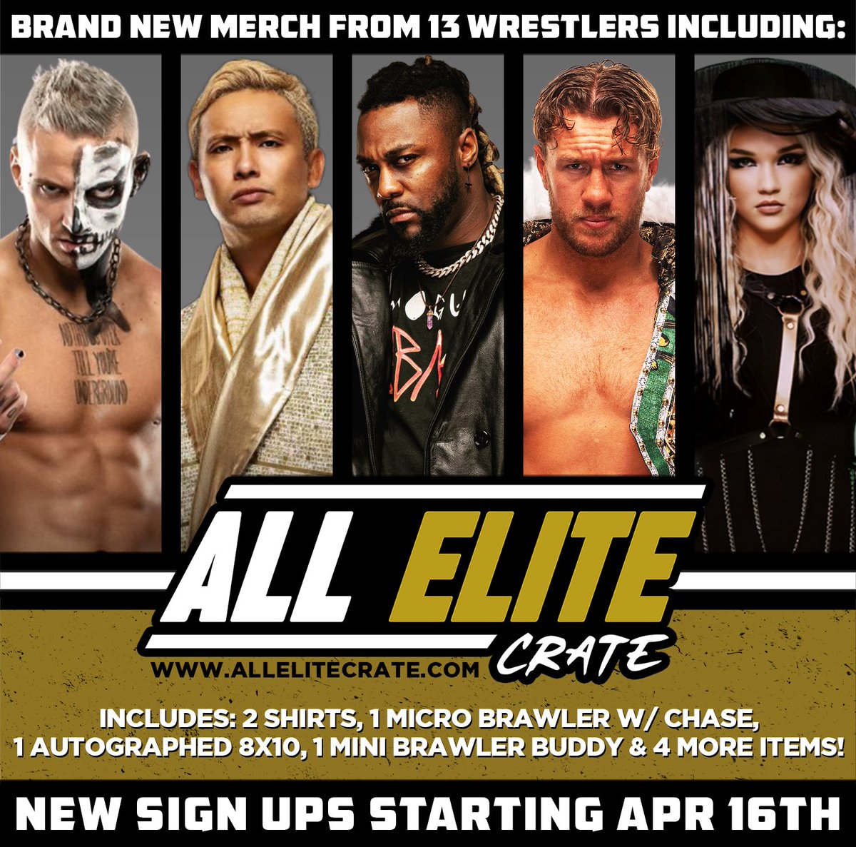 New sign ups for All Elite Crate have begun! Brand new merch from 13 wrestlers!! Sign up today at AllEliteCrate.com! #AEW #AEWDynamite #AllEliteCrate