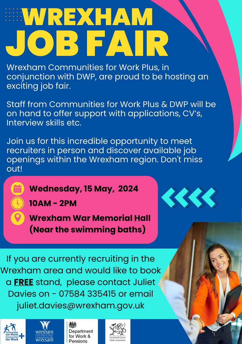 WREXHAM JOB FAIR Wednesday, 15 May, 2024 10AM - 2PM Wrexham War Memorial Hall (Near the swimming baths) All welcome. @JCPinNEMidWales @wrexhamcbc #wrexham #wrexhamjobs