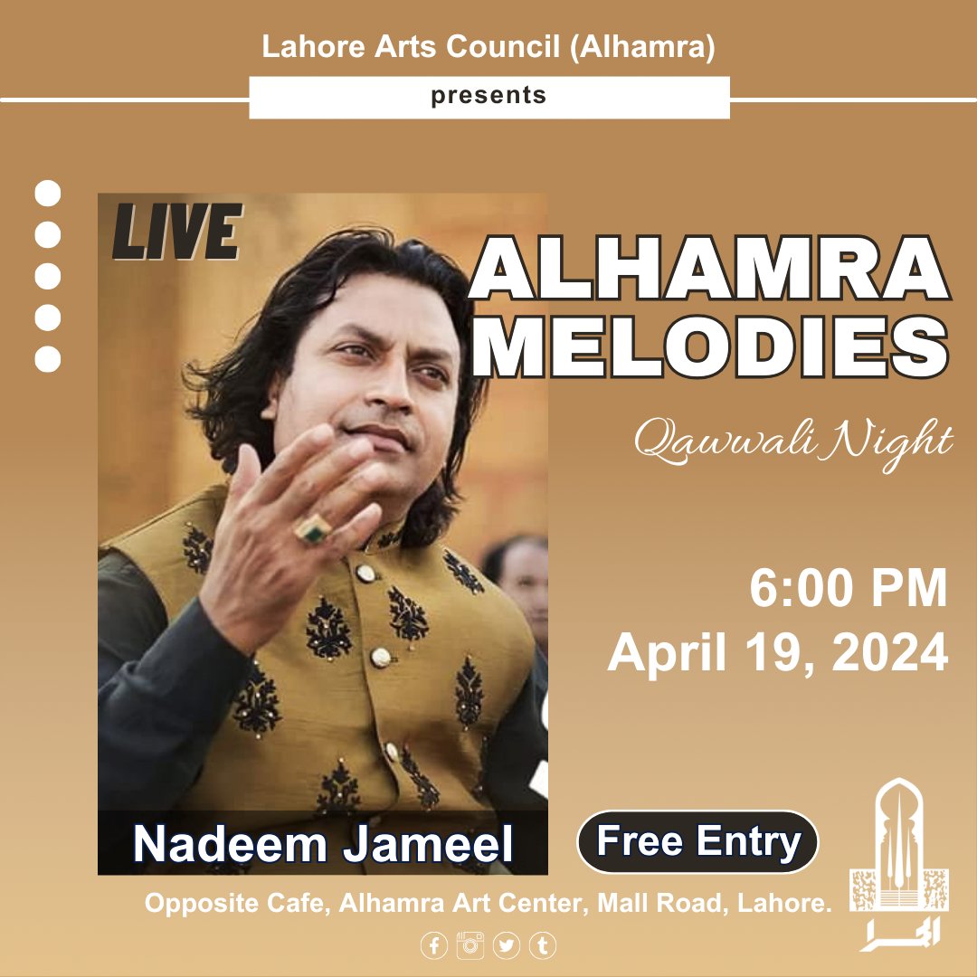 AlhamraLAC's tweet photo. Join us this Friday for qawwali night by "Nadeem Jameel Khan". ๐ถ
#alhamramelodies #alhamra #lac #qawwalinight #lahoreartscouncil #lahore #punjab #mallcomplex https://t.co/SRxN3pYAfa