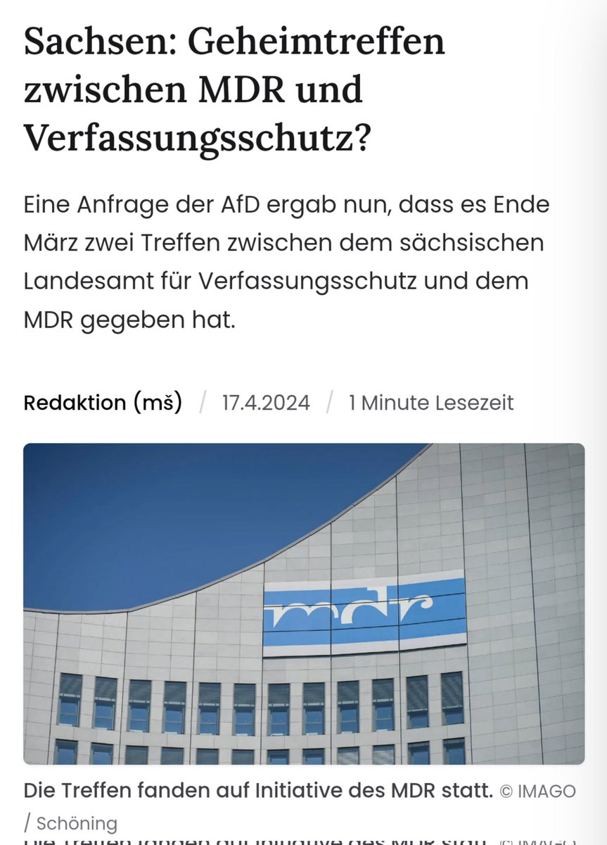 Völlig normal, dass sich Vertreter eines Geheimdienstes, der nahezu ausschließlich durch die Bekämpfung der einzigen ernstzunehmenden Oppositionspartei #AfD auffällt, mit Vertretern des ÖRR trifft, der wiederum die mediale Speerspitze im Kampf gegen eben jene Oppositionspartei…