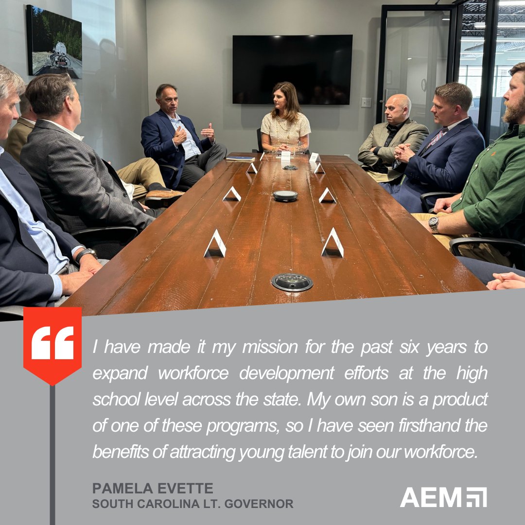 SC Lt. Gov. @PamelaEvette joined AEM, the Dept. of Commerce, & the Greenville Technical High School at Calder Brothers in Taylor to discuss solving #workforce issues in the state. We appreciate your support to finding solutions and fostering career pathways in the industry.