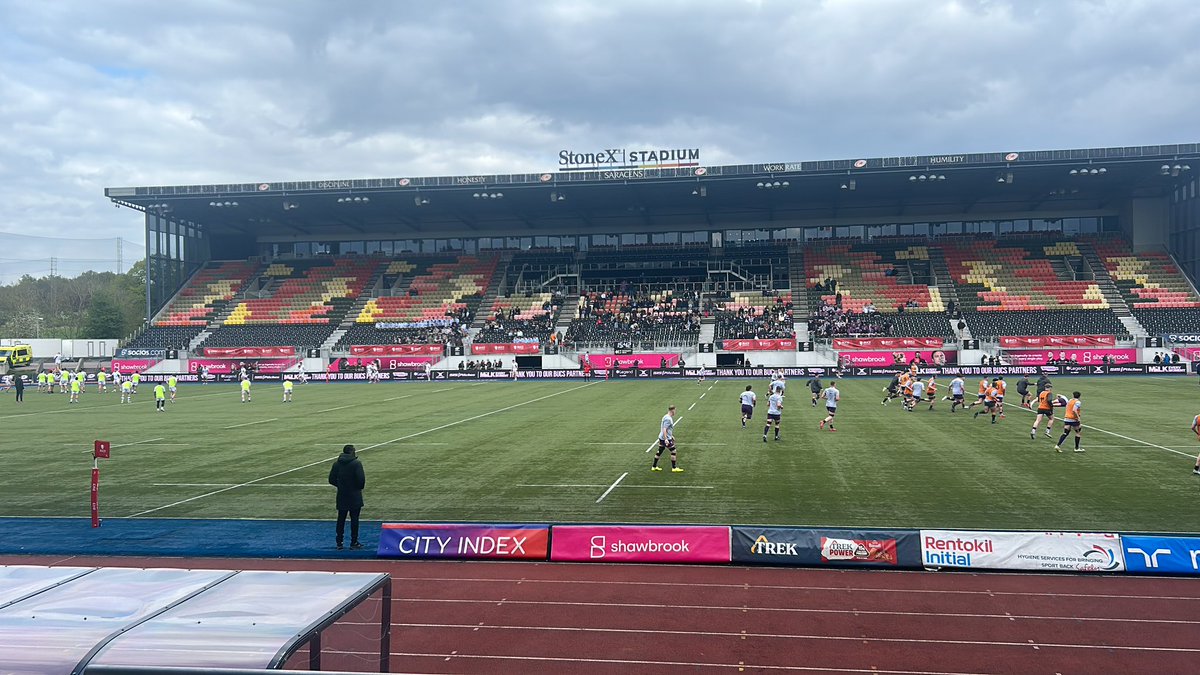 At the StoneX for the BUCS Super Rugby finals day. First up league champs Exeter vs Loughborough in a repeat of last year’s 48-44 thriller. Tom Cairns scored the winner that day and played for Chiefs vs Toulouse last week. Dafydd Jenkins scored the winner the year before!