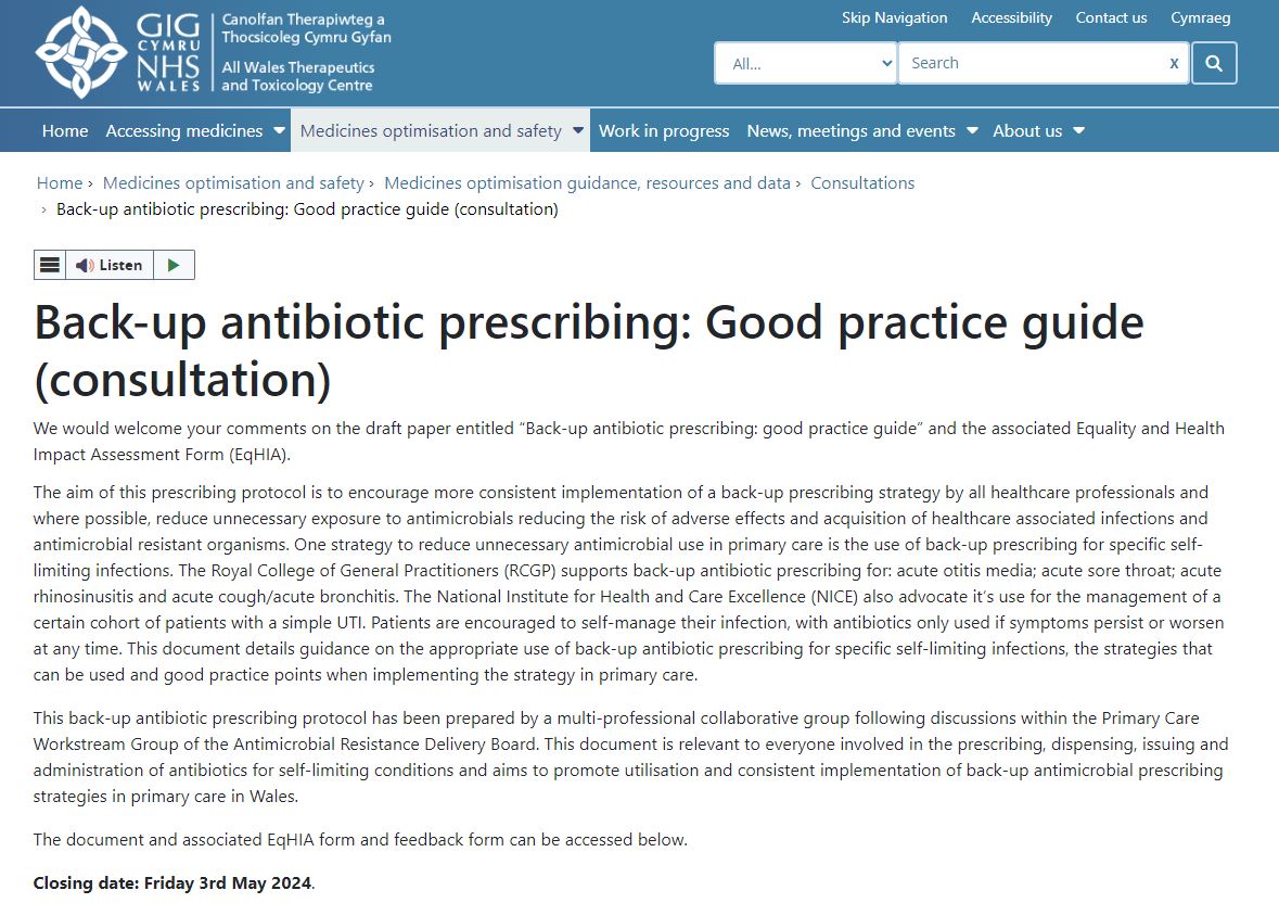 The Back-up antibiotic prescribing: Good practice guide is currently in development, we welcome comments on the draft paper and its associated Equality and Health impact Assessment (EqHIA) form. Send comments by May 3rd awttc.nhs.wales/medicines-opti…