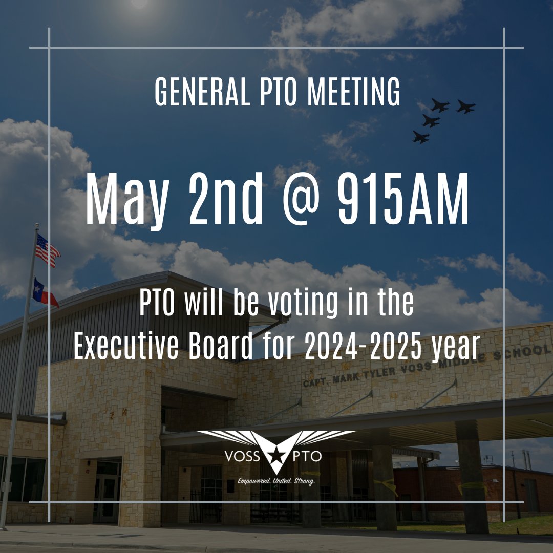 Our last General PTO Meeting will be held on May 2nd at 9:15am. PTO will be voting in next year's Executive Board->