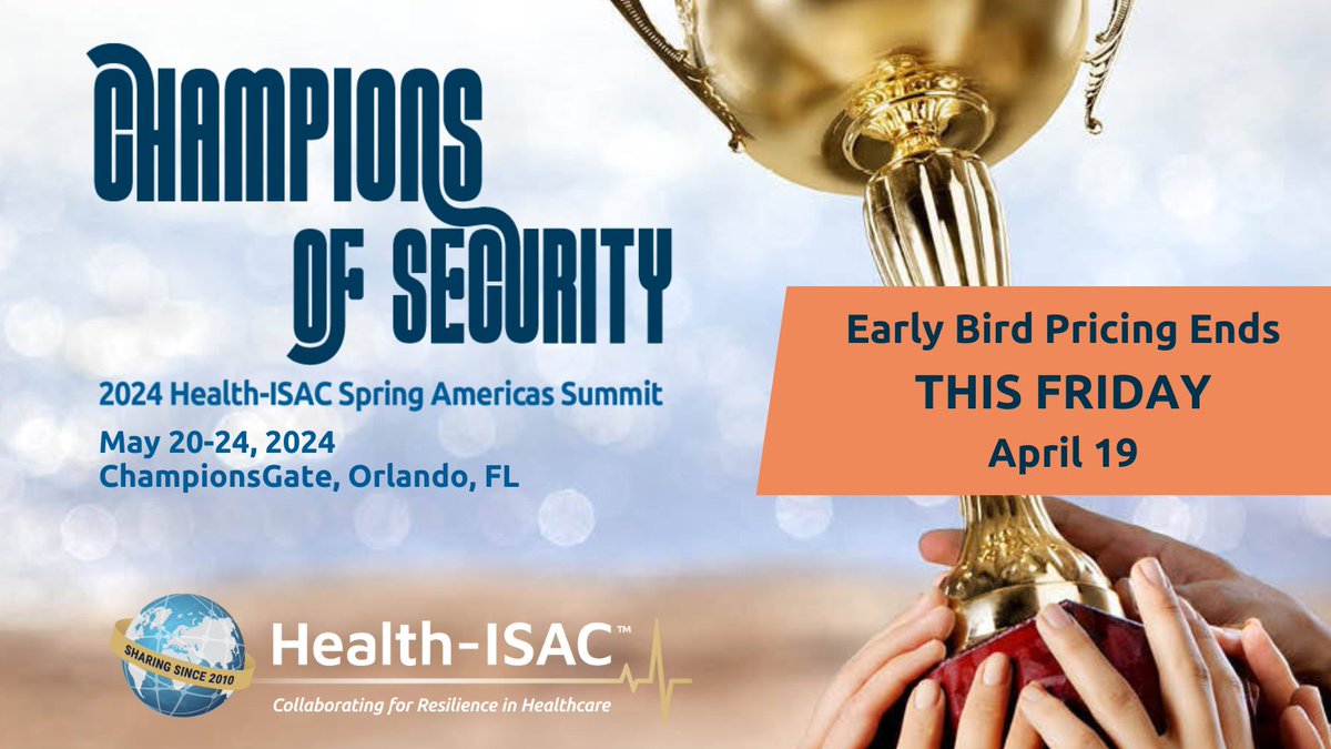 Register today! h-isac.org/summits/2024-s… Health-ISAC's Spring Americas Summit is an exclusive event for collecting security insights and tips for the health sector. - Collaborate & share information - Current threats & latest best practices - Gain from lessons learned #healthit