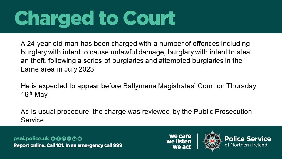 Man charged following a series of burglaries and attempted burglaries in Larne.