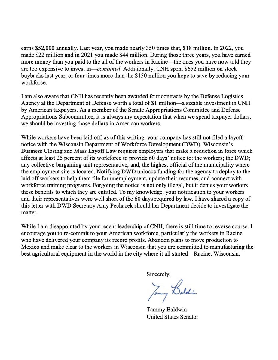 .@CNHIndustrial’s decision to lay off 200+ Racine workers while making record profits is a slap in the face to the workers who have made this company successful. I’m calling on CNH to reverse course on this misguided choice & re-commit to our workers here in America, not Mexico.