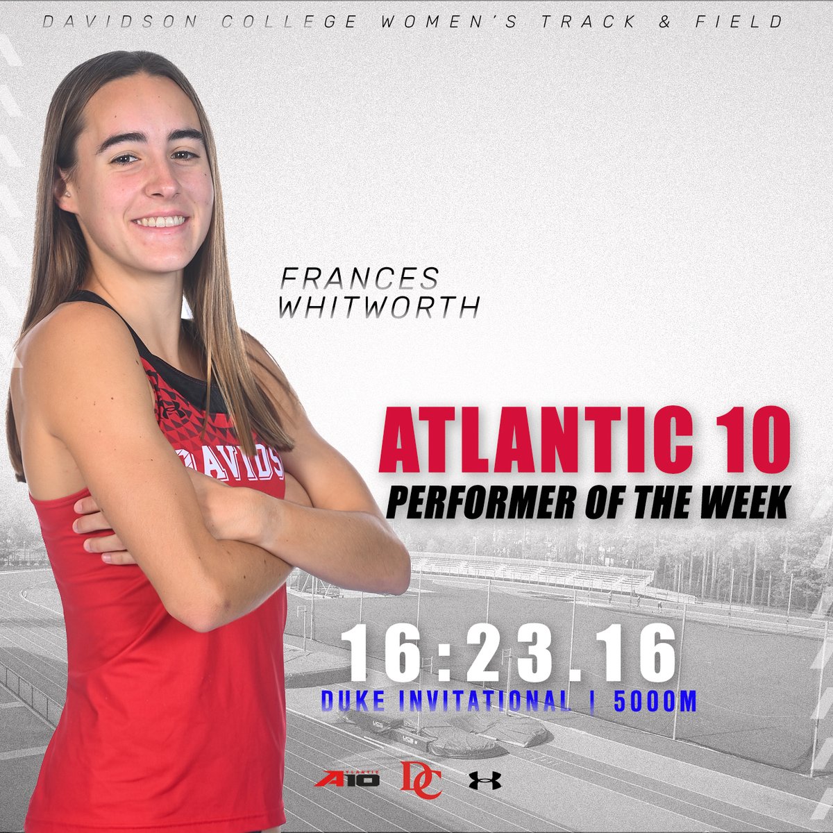 Fresh off winning the 5000M at the Duke Invitational, Davidson's Frances Whitworth has been named the 𝗔𝗧𝗟𝗔𝗡𝗧𝗜𝗖 𝟭𝟬 𝗧𝗥𝗔𝗖𝗞 𝗣𝗘𝗥𝗙𝗢𝗥𝗠𝗘𝗥 𝗢𝗙 𝗧𝗛𝗘 𝗪𝗘𝗘𝗞.