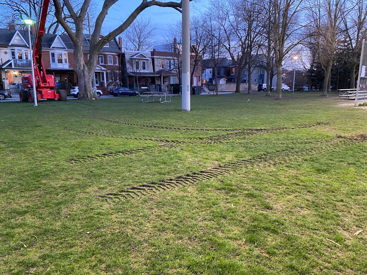 Morning @311Toronto, a cherry picker at Dovercourt Park has been tearing up the grass. I’m worried about damage to tree roots too since it seems to be parked for days. Can this work be done in a less destructive way? Any plans for clean-up/remediation? Thank you.