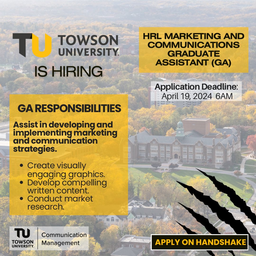 TUCOMManagement's tweet photo. Towson University (TU) is seeking a Marketing &amp; Communications Graduate Assistant (GA) to increase enrollment of on campus housing and engage current residential students. Click the link below to apply. #tucommmgmt #graduateassistant #opportunity
.
Link: https://t.co/ElPYfeMuyT https://t.co/IkFgA7x1kw