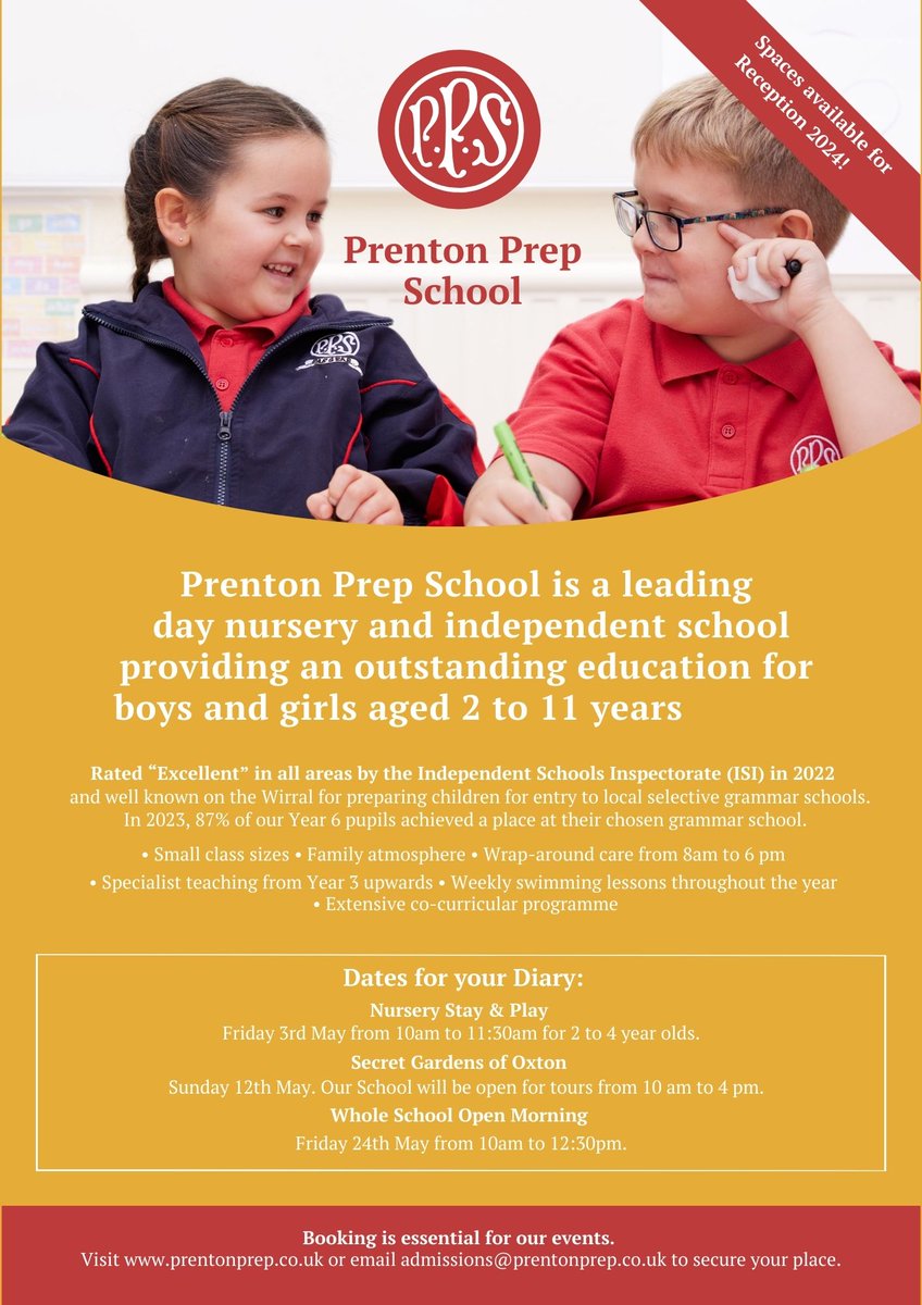 Prenton Prep is a leading day school and nursery providing outstanding education for boys and girls aged 2 to 11 years in the Birkenhead area. Limited places available for September 2024. To find out more contact us today to arrange a visit on the link : orlo.uk/z5uhl