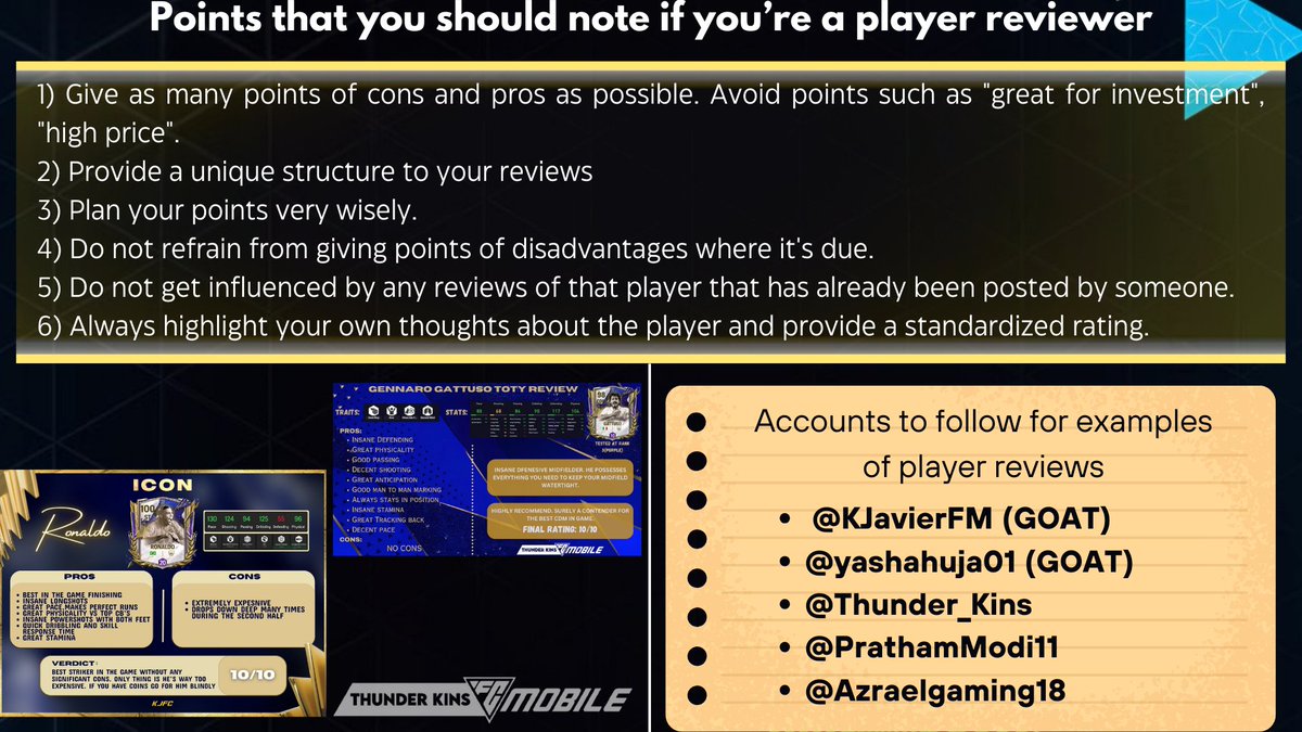 To all my fellow player reviewers out there, Reviewing a player is not easy. It takes a lot of work especially if you want to hit 15 K, 20 K impressions. Lately the quality of reviews has dropped on this platform. Take note of these points👇 Examples of some reviews in thread.