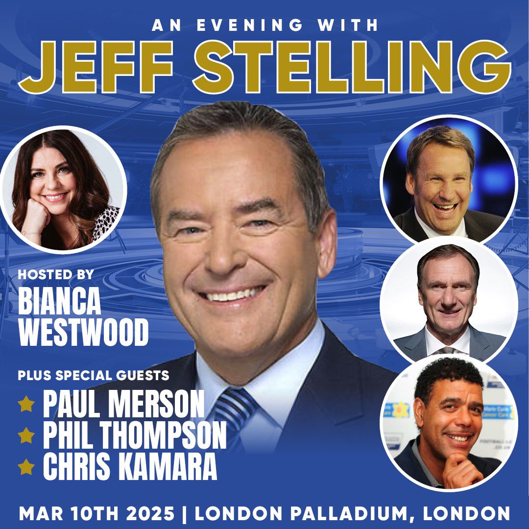 We are really excited about this, An Evening with Jeff Stelling and friends at The London Palladium 10th March 2025, on sale soon, this will be epic! @MHMMediaGroup @JeffStelling @beewestwood @PaulMerse @chris_kammy @Phil_Thompson4 @GoldupsLane