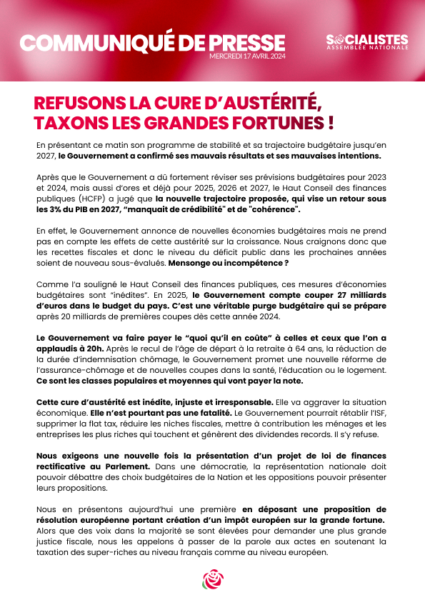 🔴 En 2025, le Gouvernement compte couper 27 milliards d’euros dans le budget du pays ! Cette véritable purge budgétaire injuste et irresponsable n'est pourtant pas une fatalité. Nous déposons un texte pour la taxation des grandes fortunes ➡️ parti-socialiste.fr/refusons_la_cu…