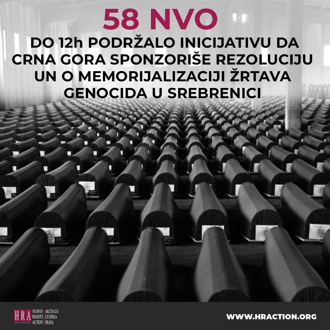 ✊🏼Predstavnici 58 nevladinih organizacija i 11 pojedinaca uputili su premijeru Milojku Spajiću, inicijativu da Crna Gora sponzoriše Rezoluciju UN o genocidu u Srebrenici. Detaljnije u pismu koje je dostupno na linku 👇 shorturl.at/isyIO