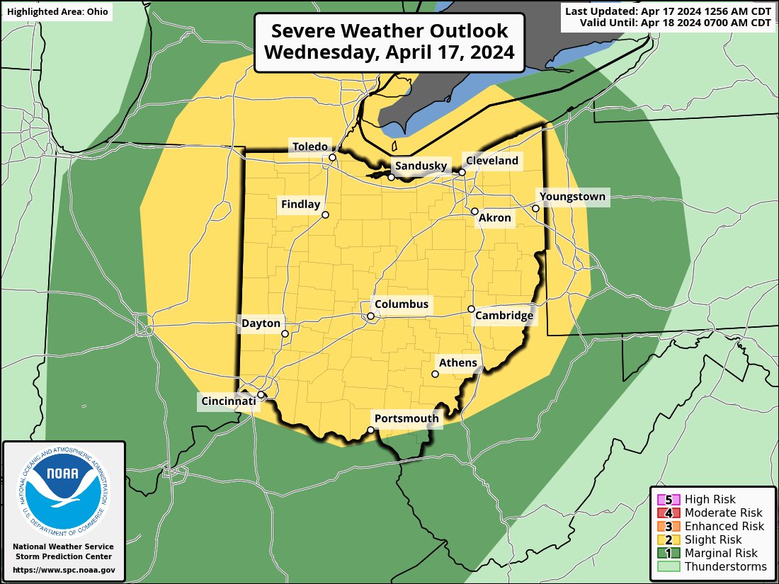 Our region is under a slight risk (risk level 2/5) for severe thunderstorms later today. All hazards will be in play. That includes damaging winds, large hail, and even isolated tornadoes. The main timeframe to watch for severe storms will be from 3 - 10pm today. #ohwx