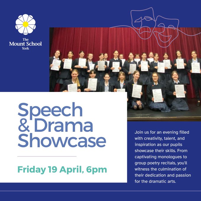 MountSchoolYork's tweet image. Theatregoers, join us this Friday 19, 6pm, School Hall, for our Speech &amp;amp; Drama Showcase; an evening of superb talent with 46 pupils &amp;amp; 26 performances. Pupils take their #LAMDA exams this week! Book through the emailed link. #thriveatthemount #liveadventurously #mountschoolyork