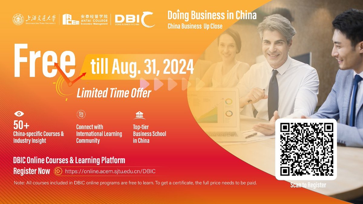 Interested in China business? Join DBIC Online & get 50+ China-focused online courses & executive dialogues for FREE! Limited offer till Aug. 31. 🙋Register now at online.acem.sjtu.edu.cn/portal/register! #DBIC #DoingBusinessInChina #ChinaBusiness #ACEM #SJTU