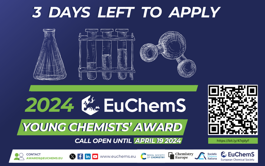 ⏰❗Application deadline is closing in! #Young #researchers with oral abstracts accepted to @EuChemS_Congres are invited to apply! Best entries will be presented at the #ECC9! ⤵️ euchems.eu/awards/europea… #EYCA is kindly sponsored by @SocChimIta, @ChemEurope and @RoySocChem