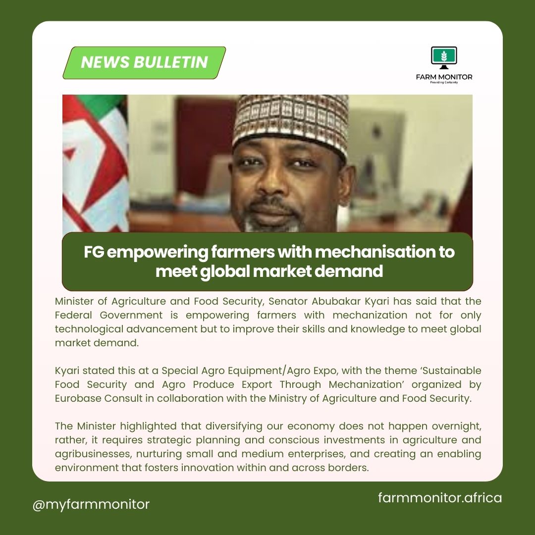 FG empowering farmers with mechanisation to meet global market demand — Agric Minister Kyari 

Download the App today!!!

play.google.com/store/apps/det…

#FarmMonitor #Soilanalysis #smartagriculture #FarmingTechnology 🚜