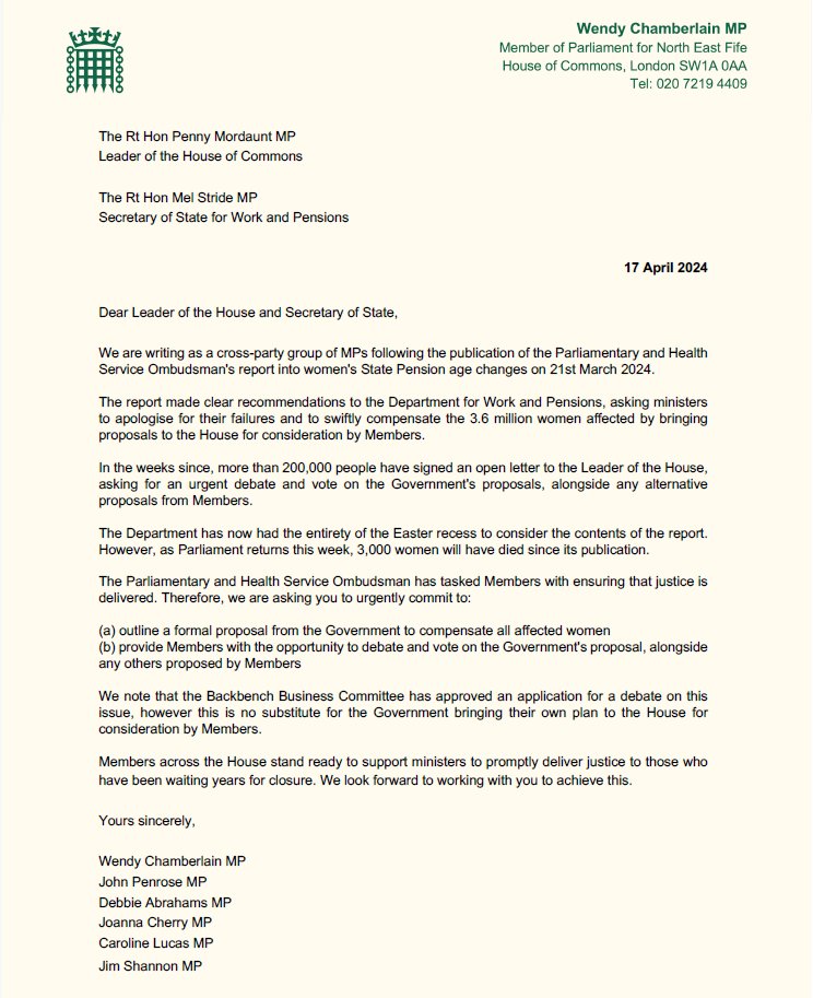 We urgently need the Government to take action after the Ombudsman's report. We need a formal proposal on how the Government will compensate the women affected and we need the opportunity to debate and vote on the proposal once it is outlined.