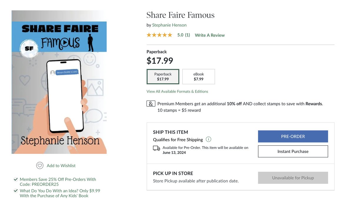 Barnes and Noble is having their 25% off Pre Order Promotion on Books. Please consider pre ordering Share Faire Famous with code PREORDER25. It has already hit Top New Release Status on Amazon in Children's Books on Peer Pressure. A fun summer read for kids ages 8 to 12.