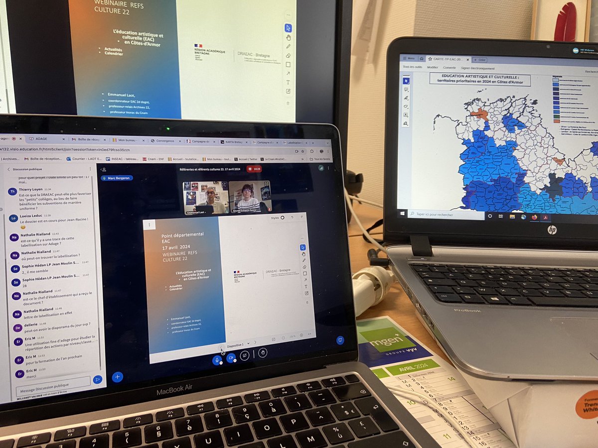 Emmanuel_Laot's tweet photo. St-Brieuc (22). Webinaire de formation @DRAEAC_Bretagne des profs référents culture des collèges &amp; lycées publics du 2️⃣2️⃣ avec  @aourellguivarch . Point d’étape (🚧💡🛠️ ADAGE &amp; @pass_Culture ) vers  le 💯% #EAC pour tous les élèves sur tous les territoires. On y est presque ! 🎯 https://t.co/nz6a5xlaCS