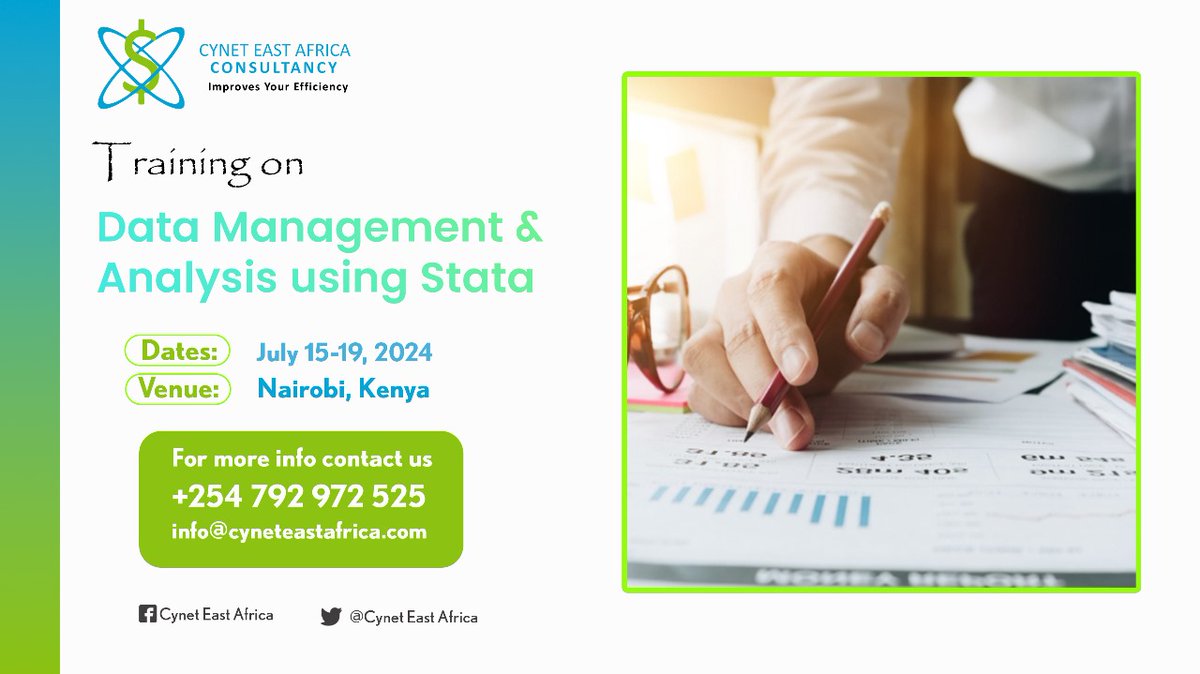 CynetA's tweet image. Explore the opportunity to participate in a comprehensive Stata course hosted by Cynet, running from July 15th to July 19th! 📈 Enhance your skills in data analysis, visualization, and beyond . Seize the chance  today at cyneteastafrica.com #Stata #AnalyzingData #Cynet